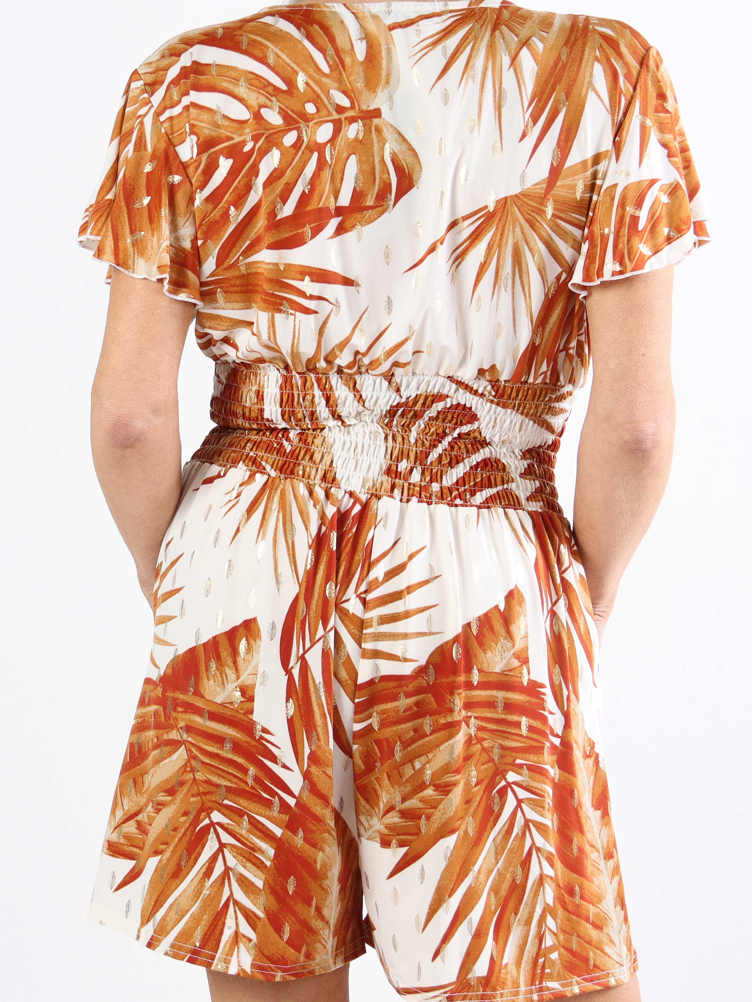 Pams Leaf Playsuit - Elastisk plus size buksedragt med bladmønster